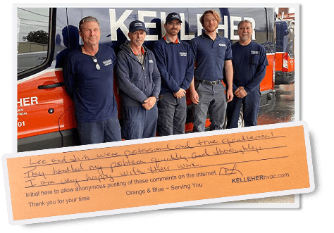Group photo of 5 Kelleher HVAC employees with hand written review overlayed.