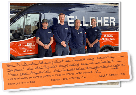 Group photo of 4 Kelleher HVAC employees with hand written review overlayed.